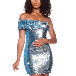 B Darlin Juniors' Off-The-Shoulder Sequined Bodycon Dress M New Blue party prom
